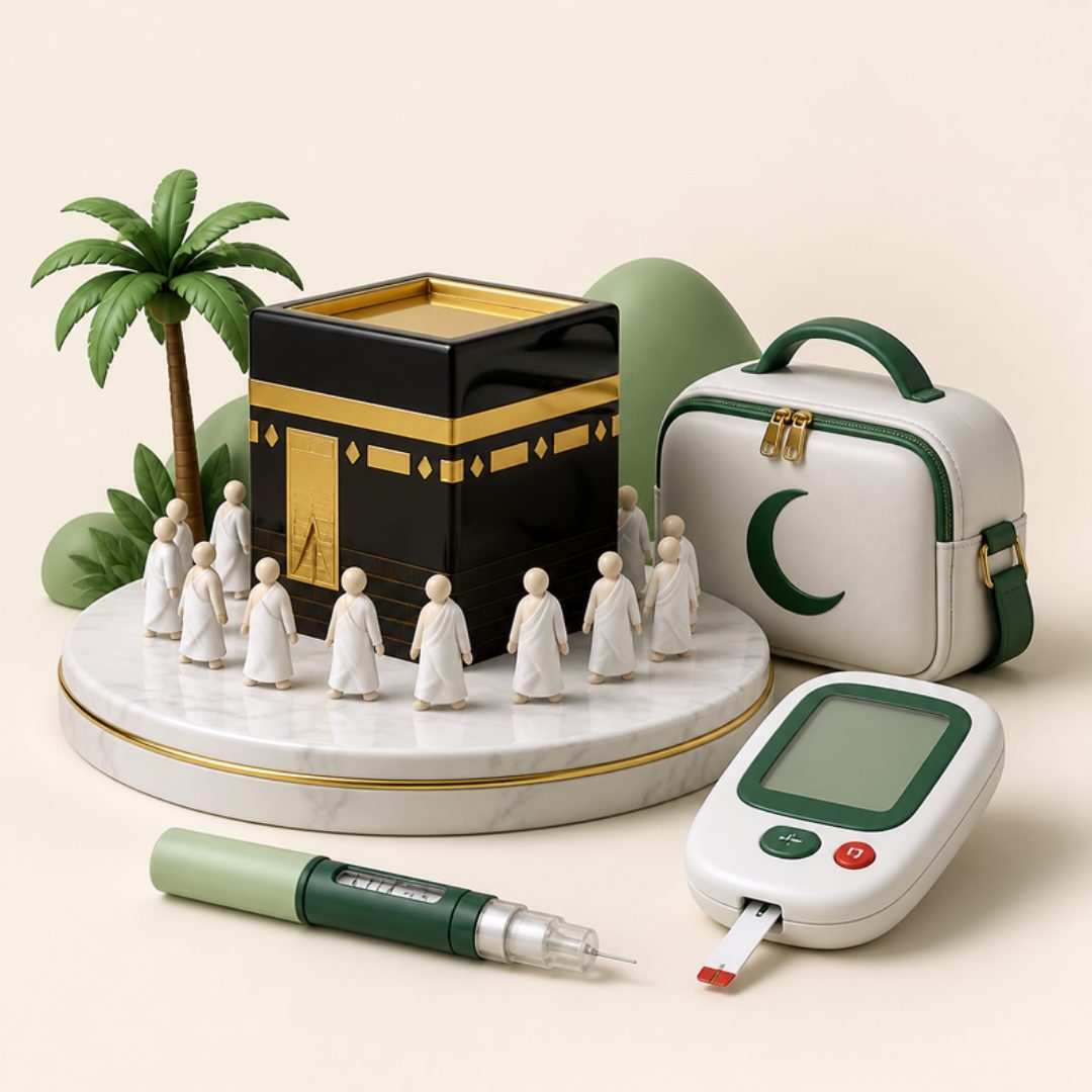 A 3D illustration of the Kaaba on a marble platform circled by pilgrims, with a medical travel bag, an insulin pen and a glucose meter.